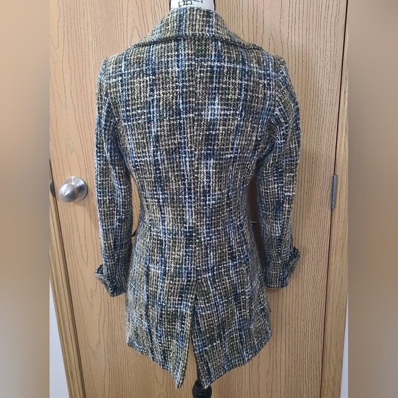 Blue Green Twill Tweed Plaid Preppy Double Breasted Button Pea Coat Fall - Picture 2 of 3